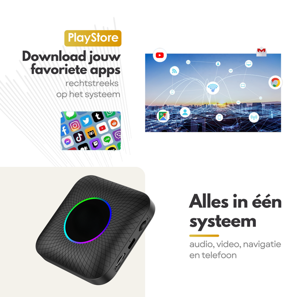 Draadloze Carplay & Android Auto AI Box | Android Playstore | RGB TV Box